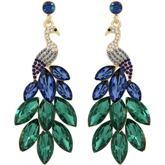 Peacock Dangle Earrings 14K Gold Plated Multicolors Crystal Feather - Picture 2 of 11